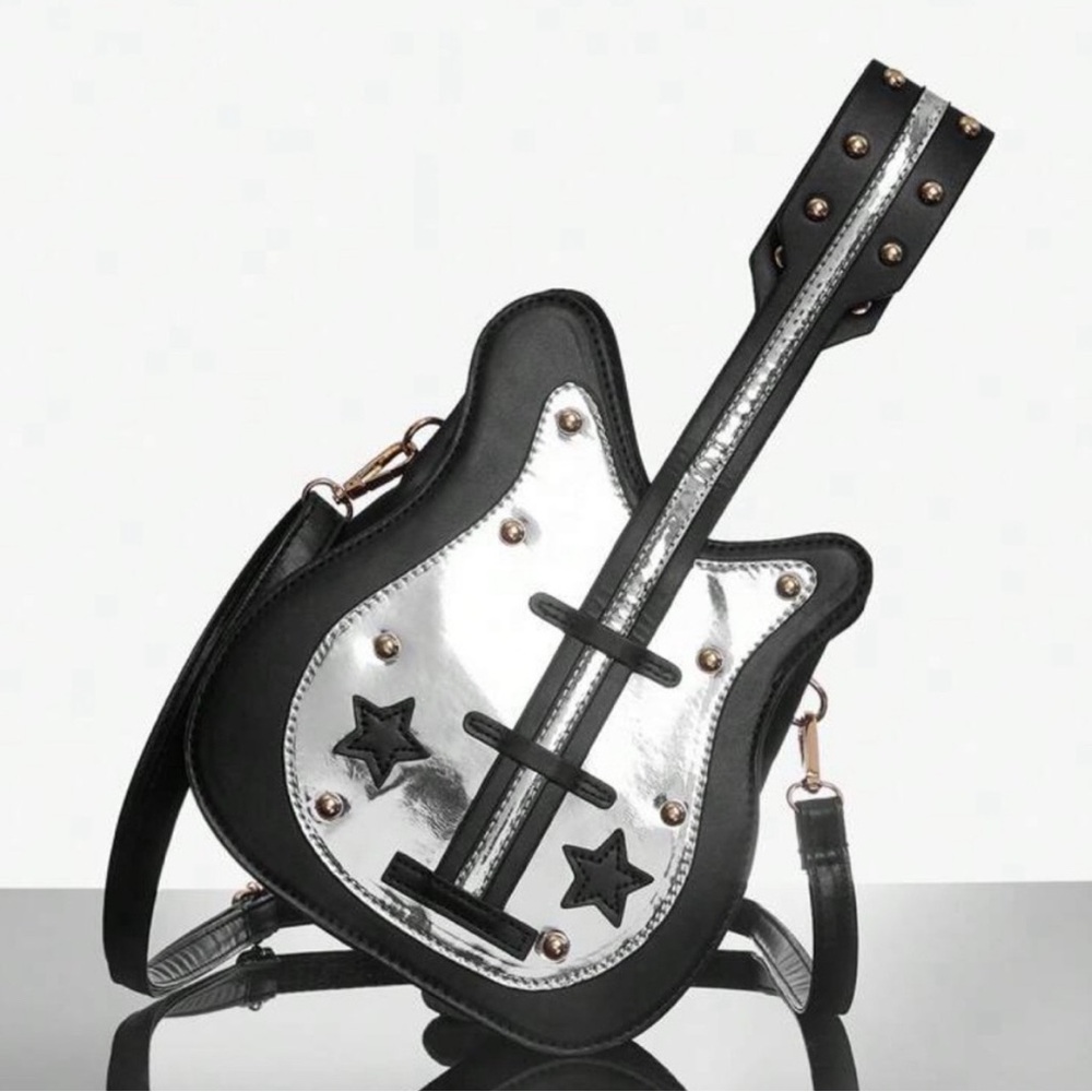Black and Silver Guitar-Shaped Crossbody Bag